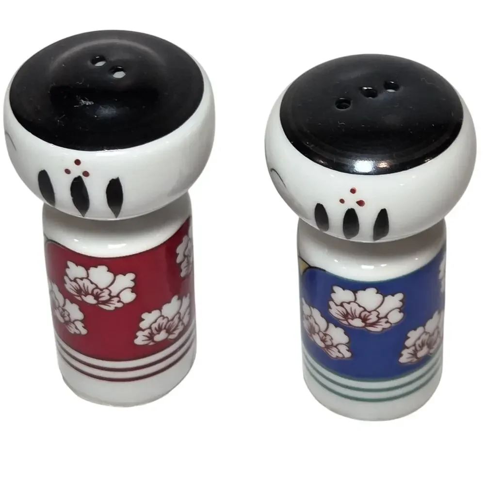 Vintage Japan Kokeshi Doll Salt Pepper Shakers Red Blue Floral Kimono Porcelain